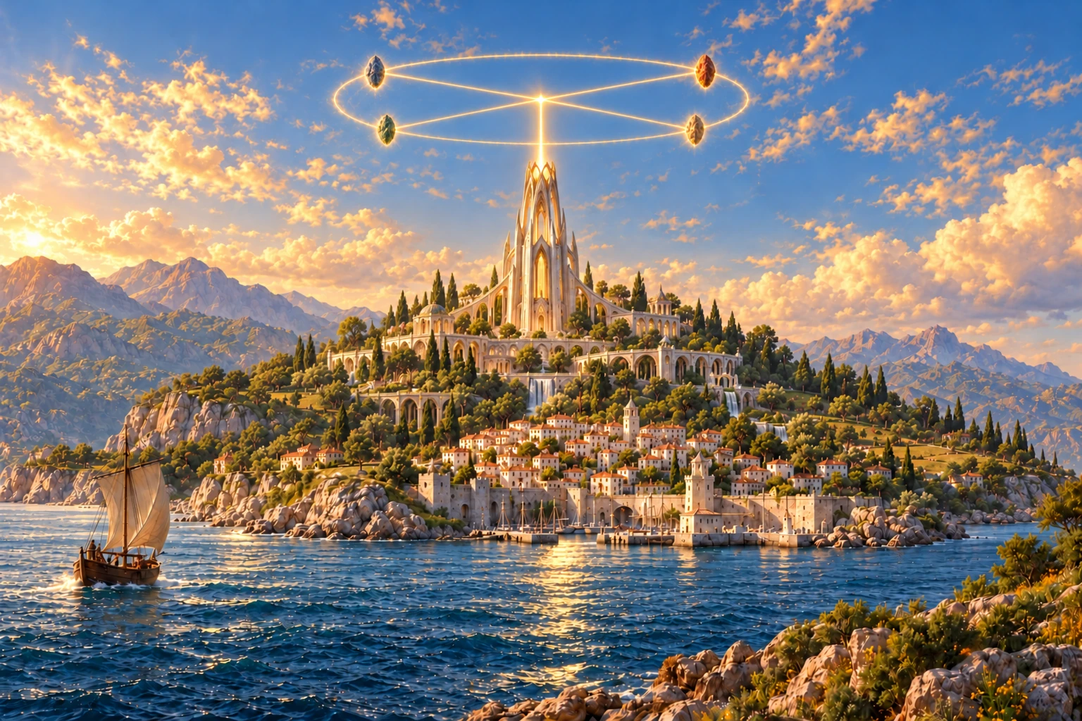 Una ciudad de Gaia junto al agua, con una torre luminosa entre las montañas