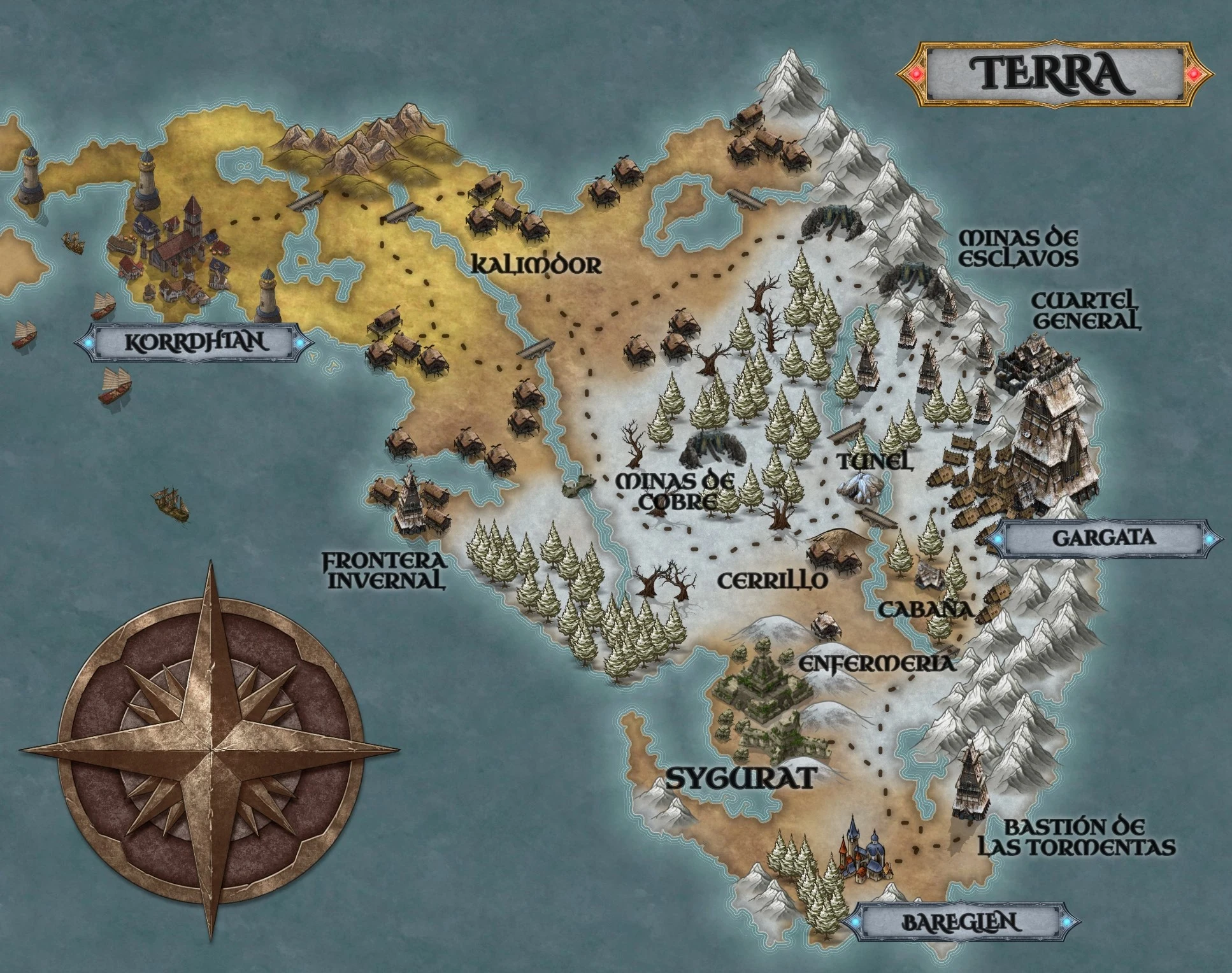 Mapa de Terra, con Gargata, Senaga y sus principales ciudades y caminos